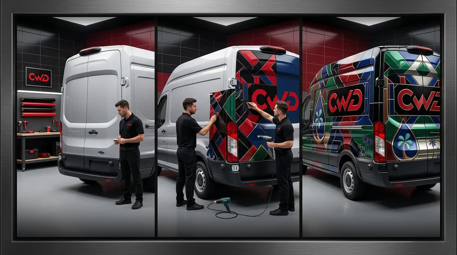 Branded commercial fleet vans with full vehicle wraps parked at a Miami job site