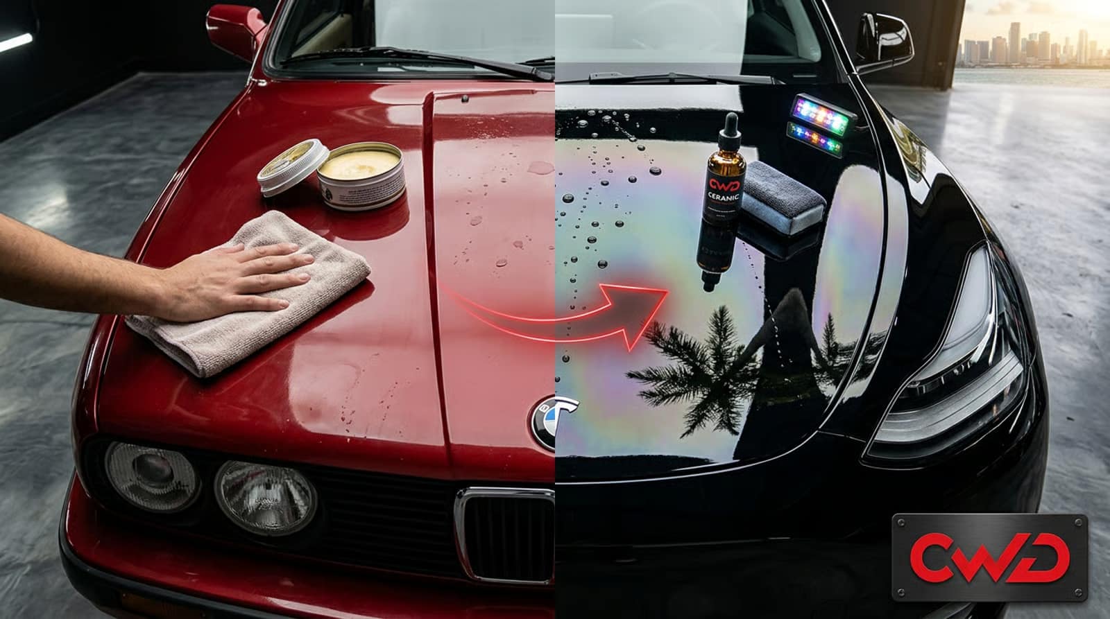 [Ceramic coated car surface beading water vs unprotected paint showing salt air damage in Miami]