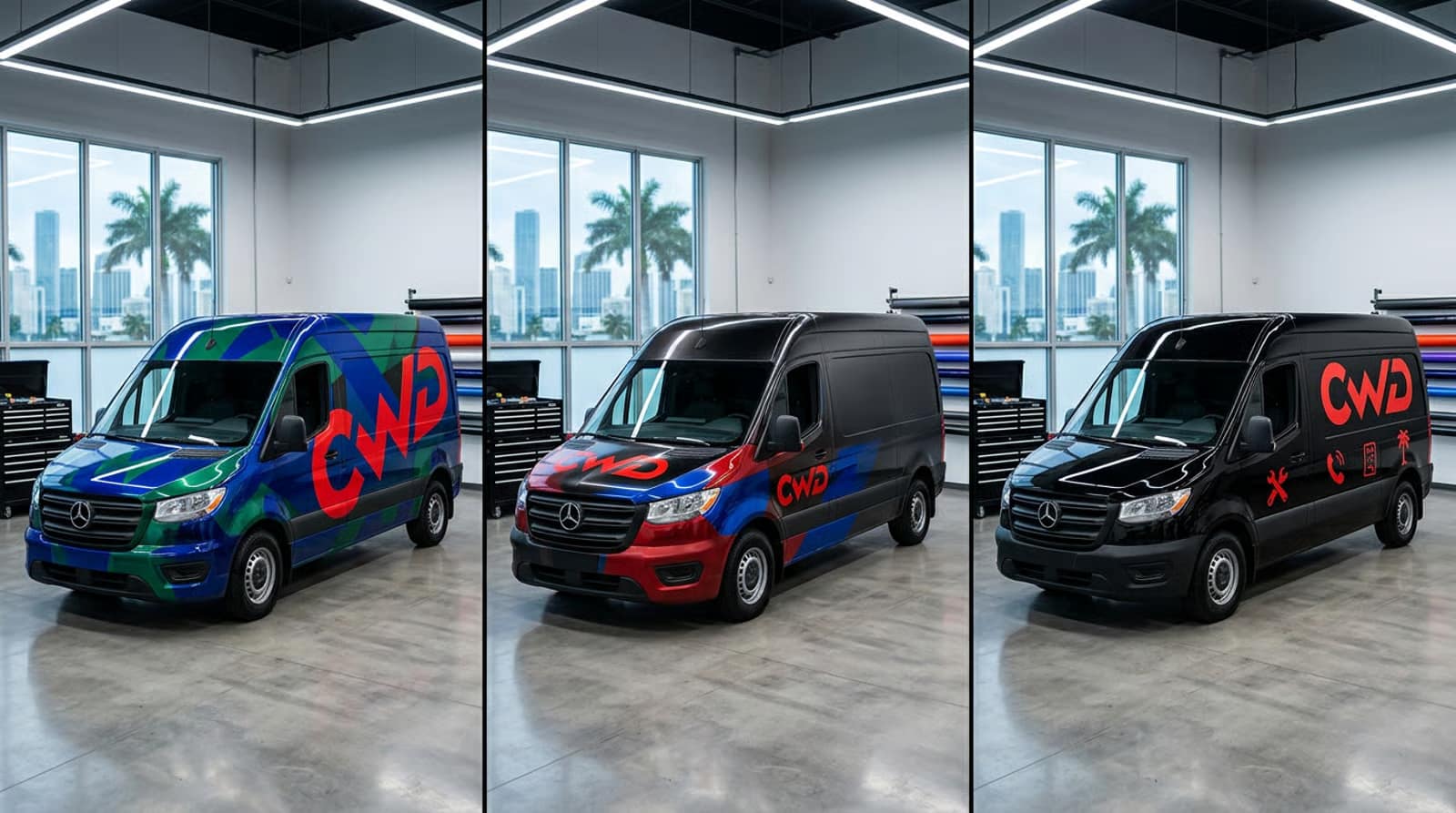 [Side-by-side comparison of full wrap, partial wrap, and vinyl lettering on commercial vans in Miami]