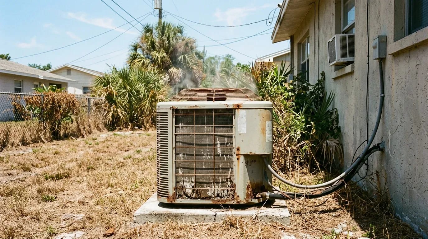 Aging AC condenser weathered by years of South Florida sun, humidity, and salt air