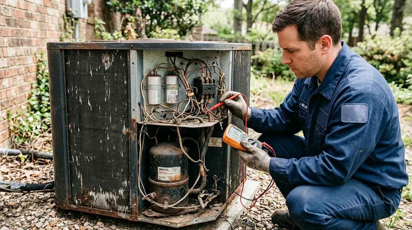 Technician diagnosing a failing compressor inside an aging AC condenser