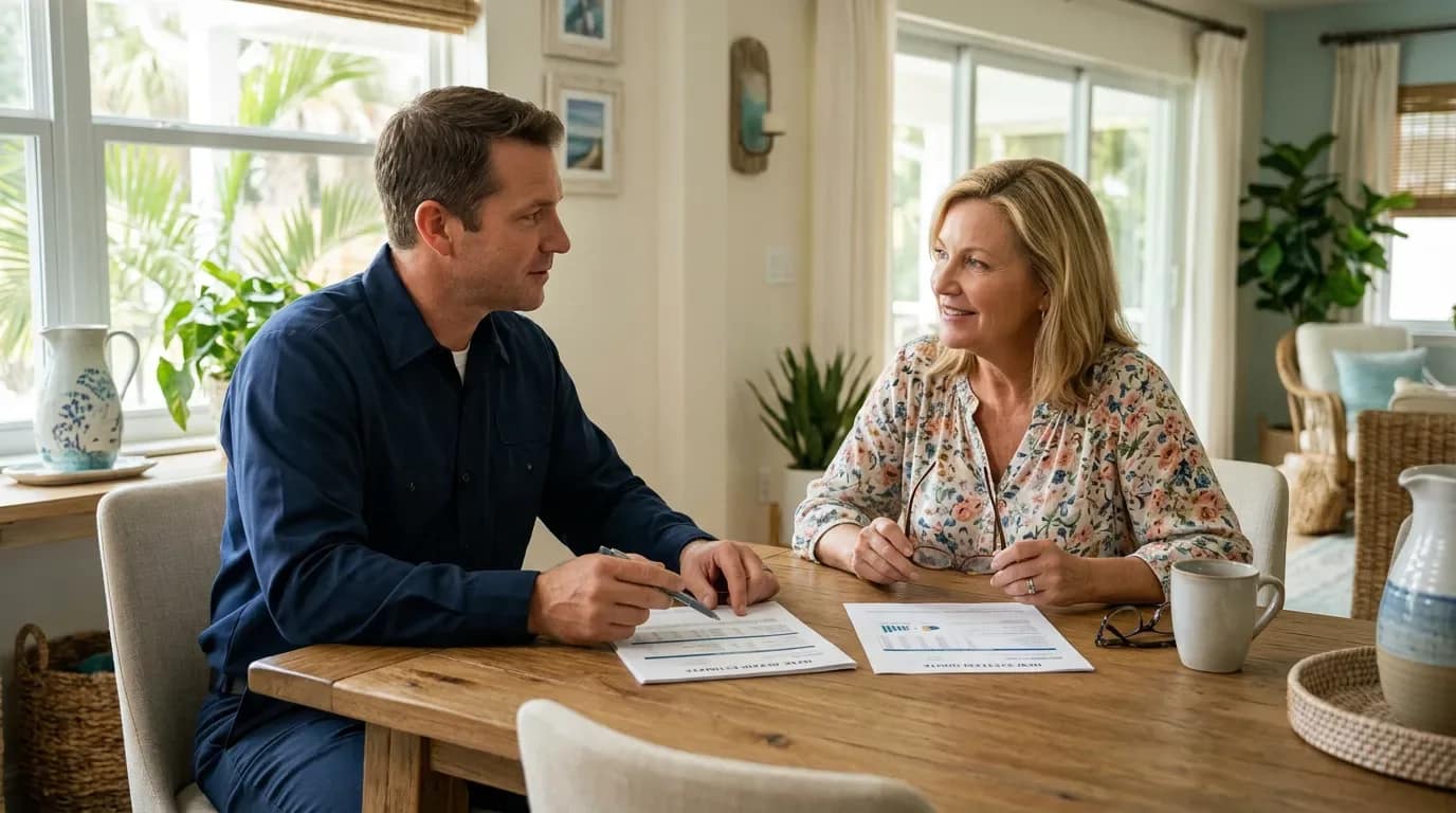 Homeowner and technician weighing repair against replacement in a Boca Raton home
