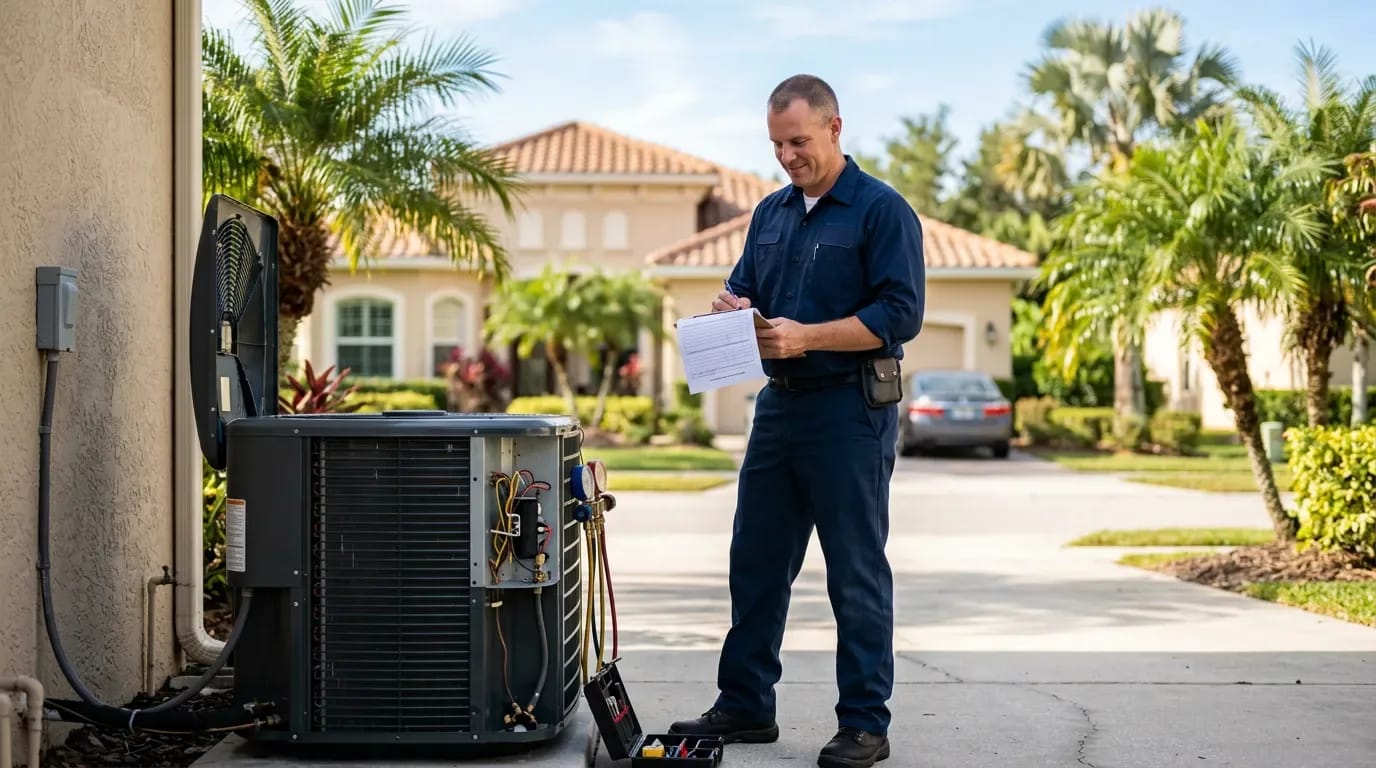 HVAC technician measuring a Boca Raton home for a Manual J load calculation