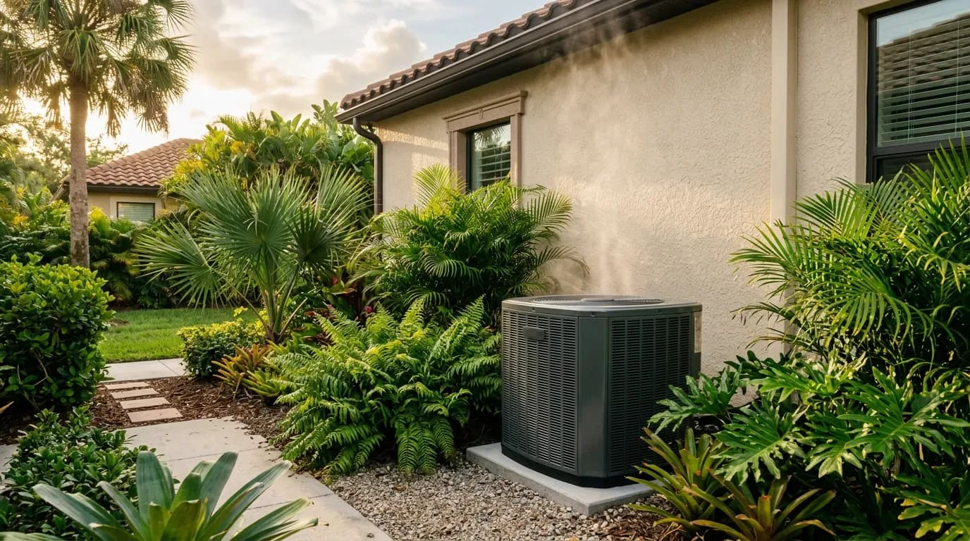 Modern variable-speed inverter AC condenser running quietly outside a Boca Raton home