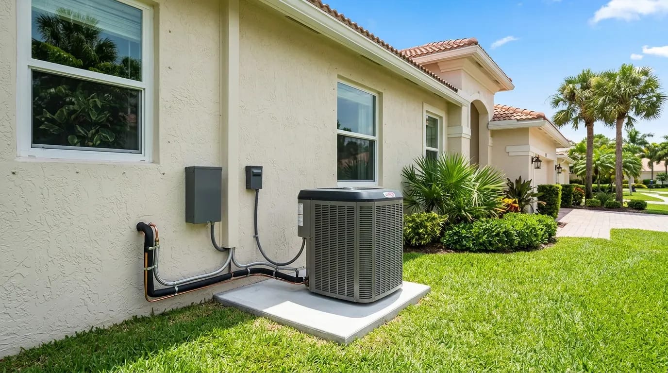 Efficiency rating label on a new high-efficiency AC condenser at a Boca Raton home