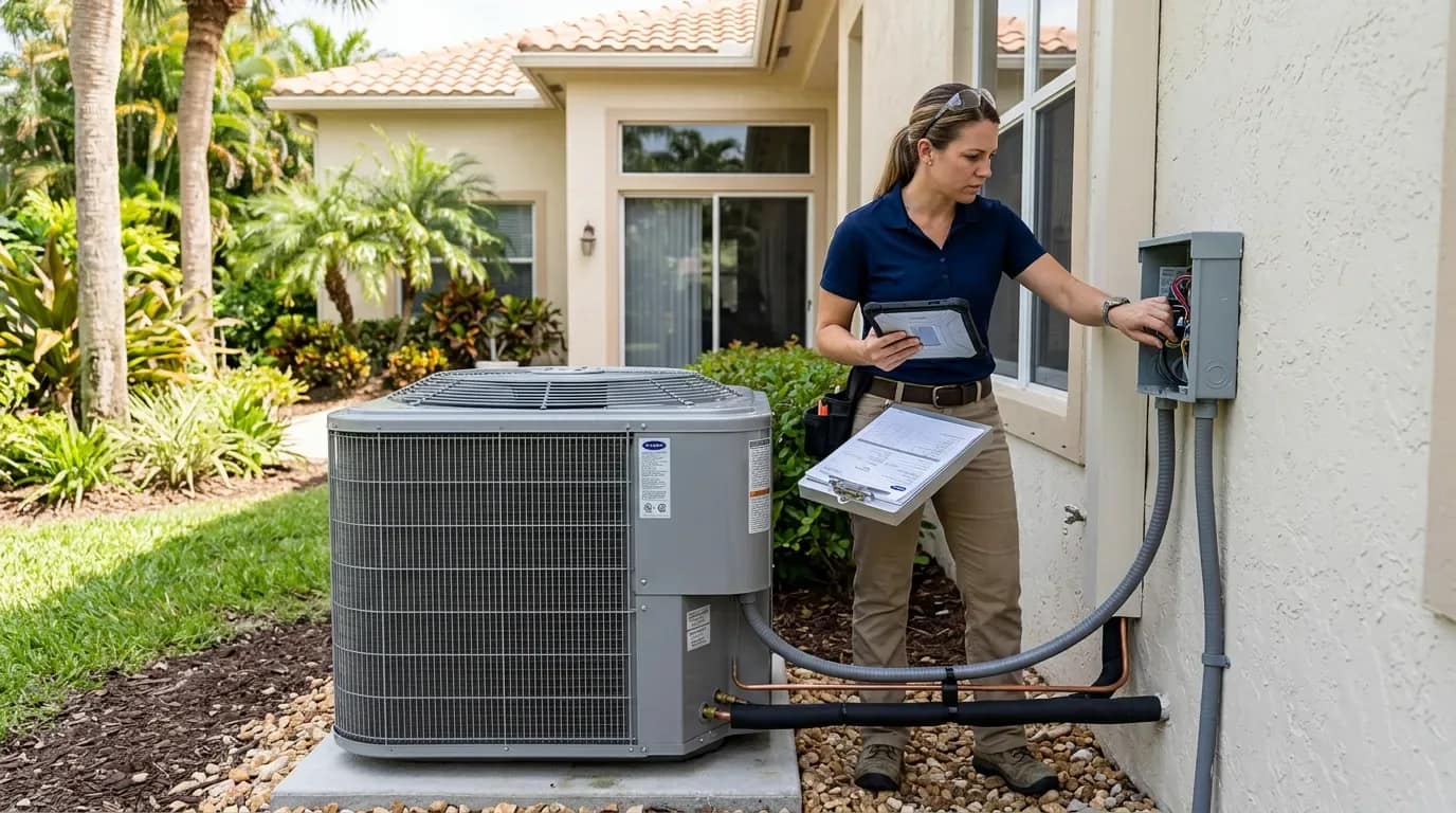 Boca Raton homeowner comparing SEER2 ratings across replacement quotes with a technician