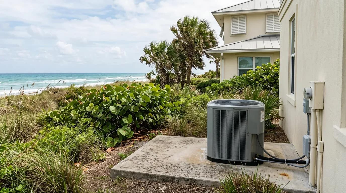 AC condenser exposed to onshore salt air at a Boca Raton coastal home