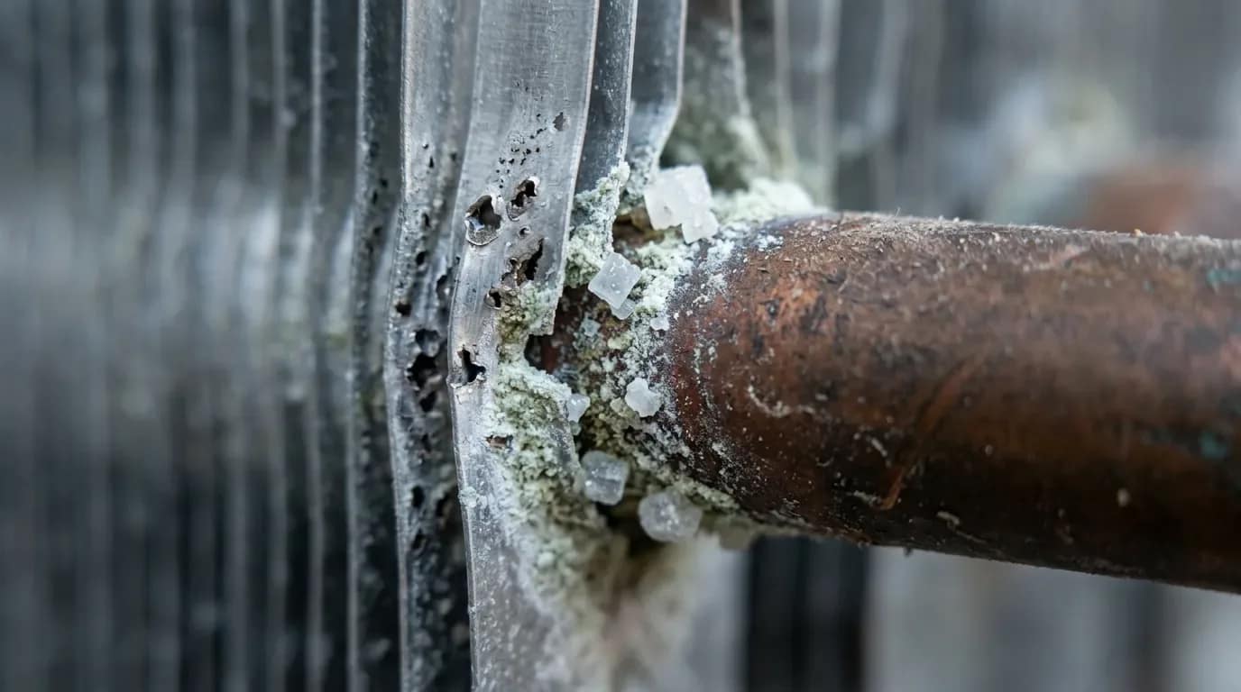 Galvanic corrosion where copper tubing meets aluminum fins on a coastal AC condenser coil