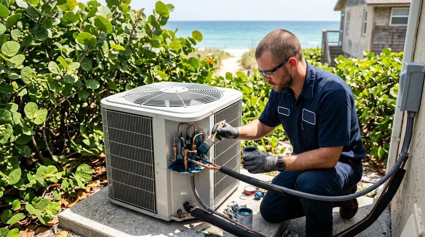 Technician applying corrosion protection during a coastal AC installation in Boca Raton