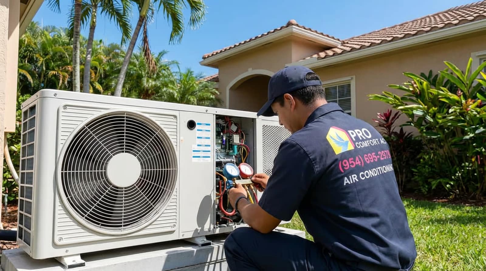 Pro Comfort AC technician preparing an upfront AC repair quote at a Boca Raton home