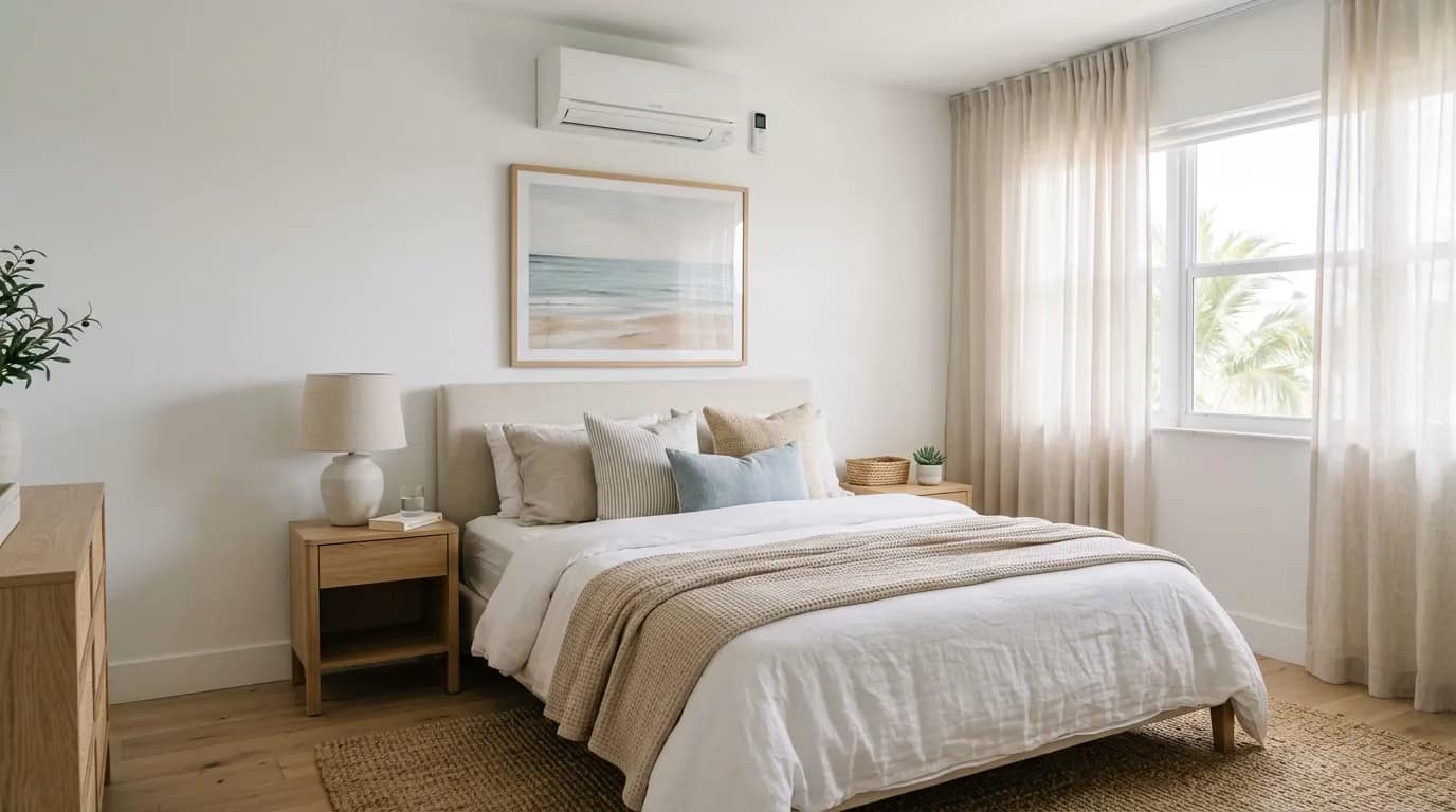 Wall-mounted ductless mini-split head in a Boca Raton condo bedroom