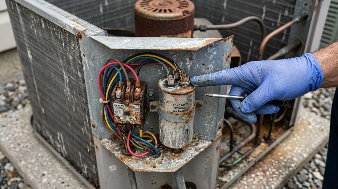 Corroded AC capacitor and contactor inside a coastal Boca Raton condenser