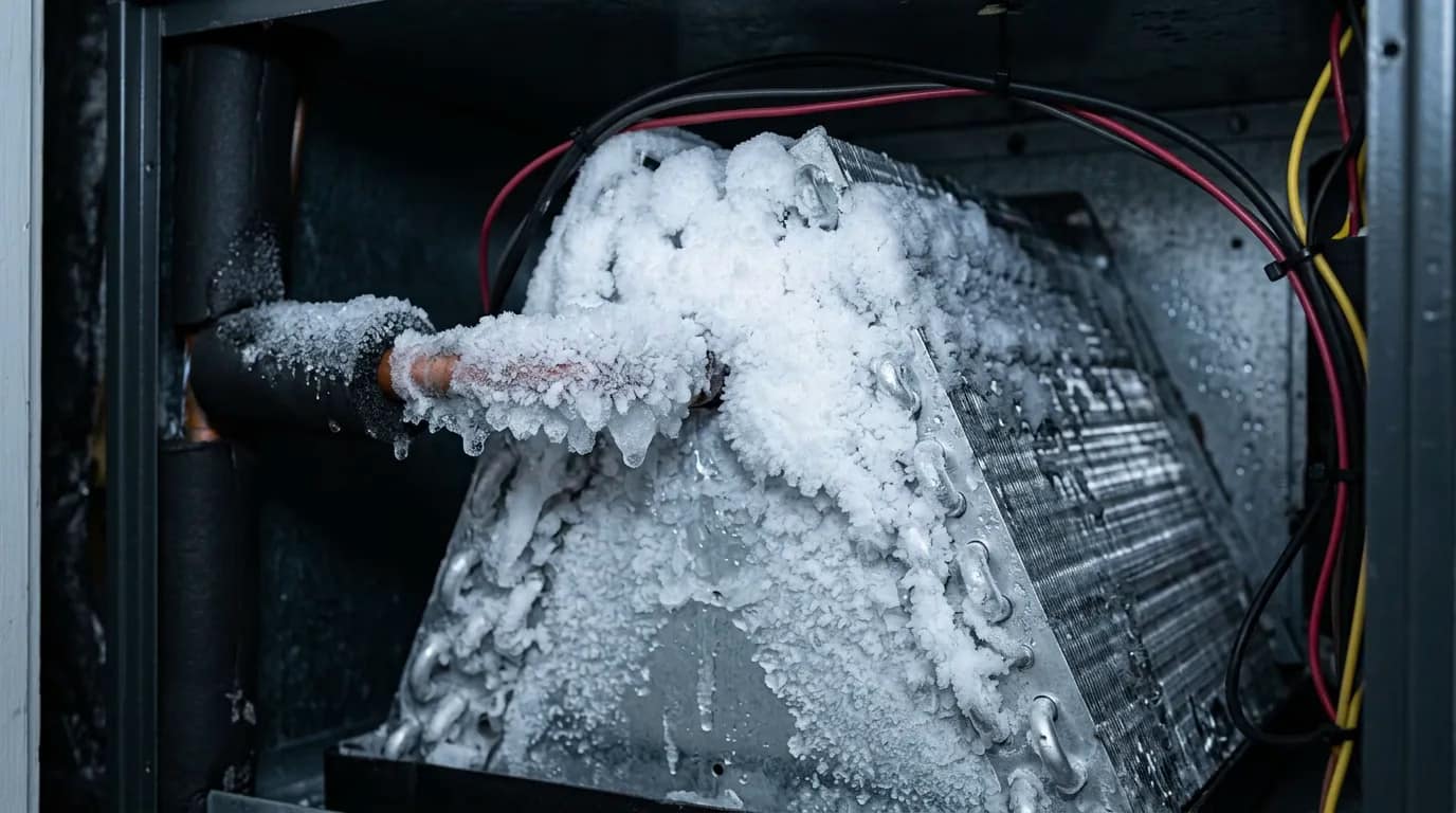 Ice and frost built up on a frozen AC evaporator coil and copper refrigerant line