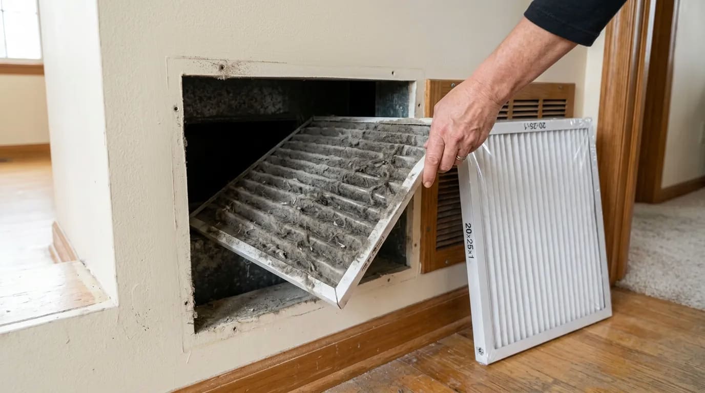 A clogged gray AC air filter pulled out next to a clean white replacement filter