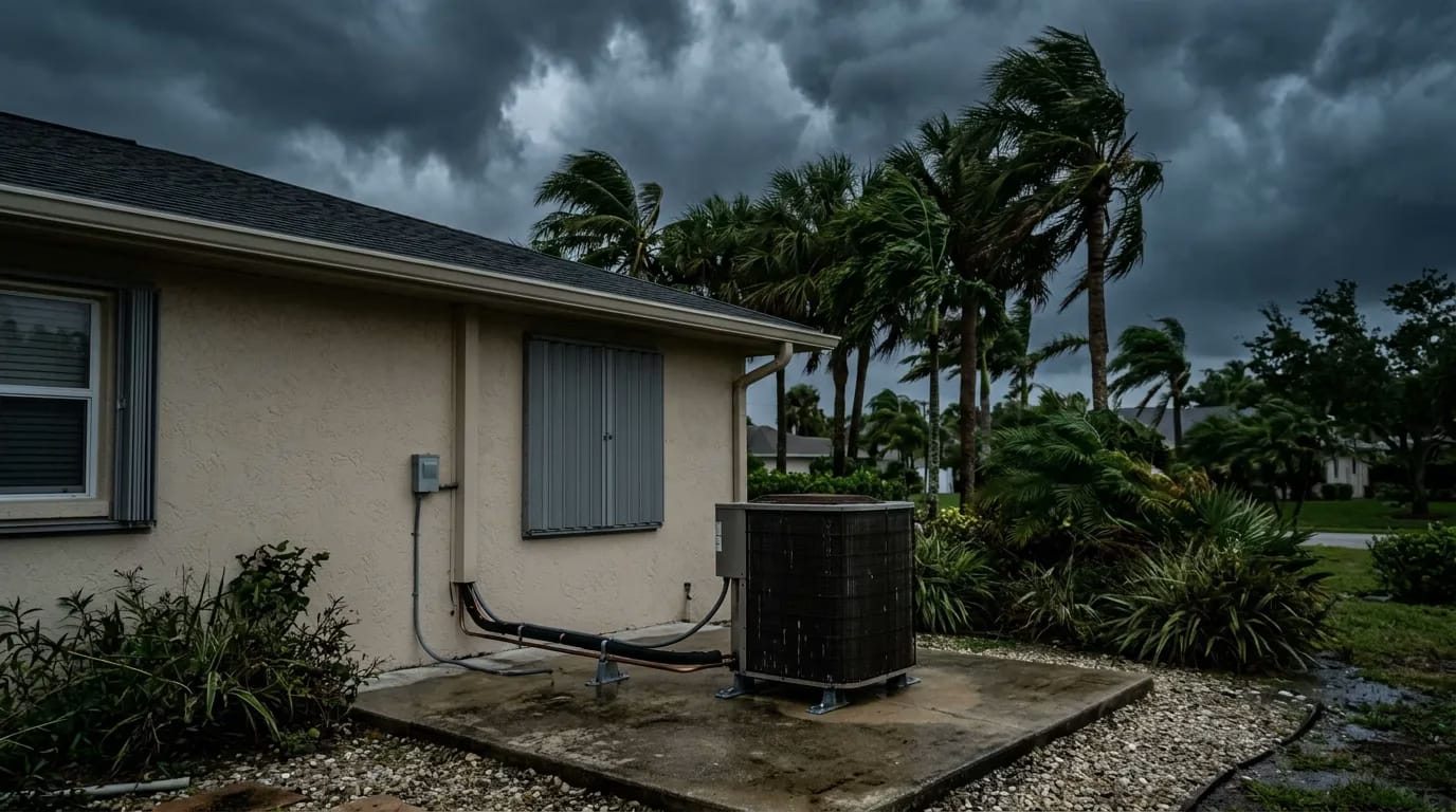 Outdoor AC condenser beside a Boca Raton home under a darkening hurricane sky