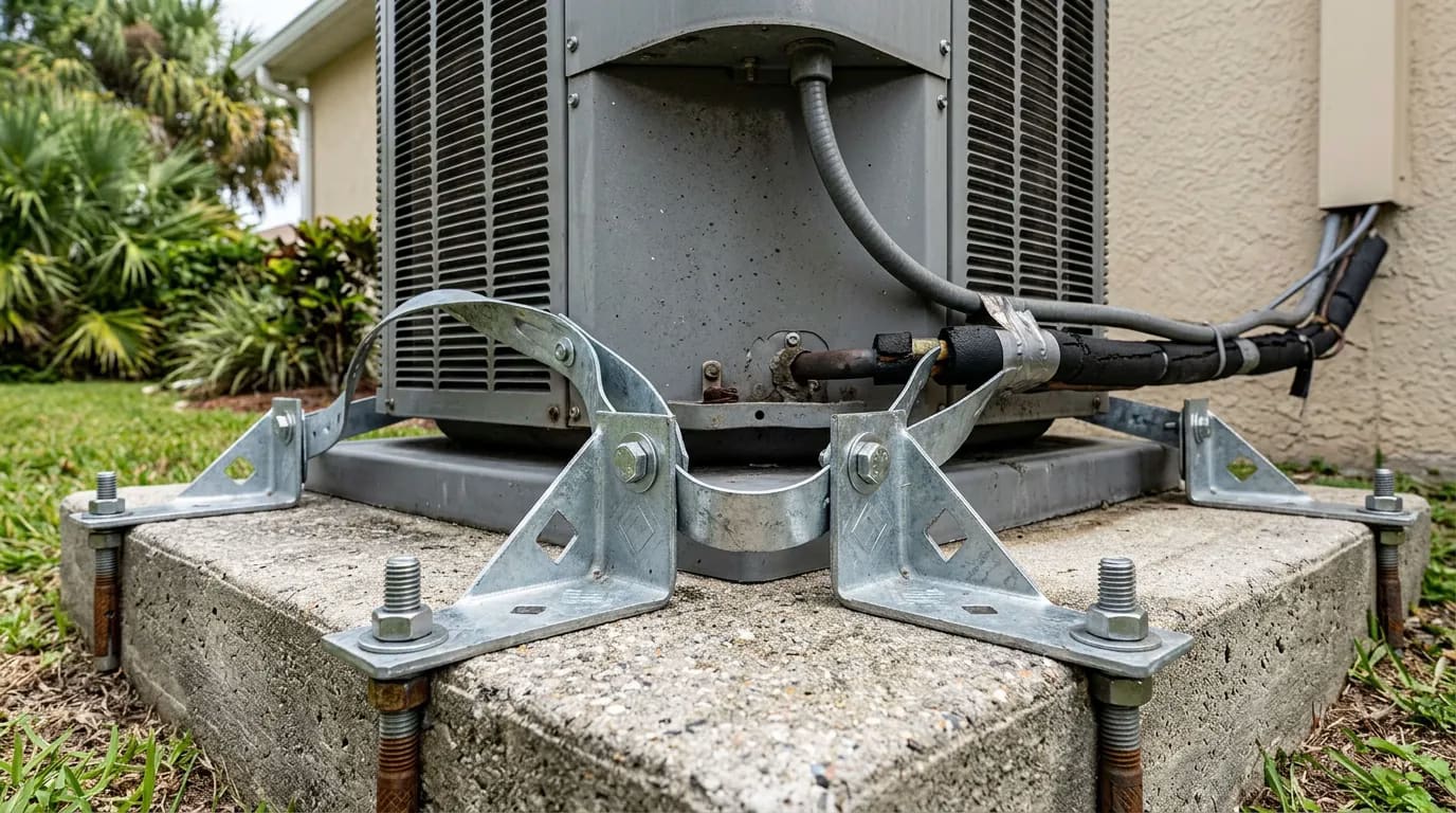 AC condenser secured to its pad with hurricane tie-down straps in Boca Raton