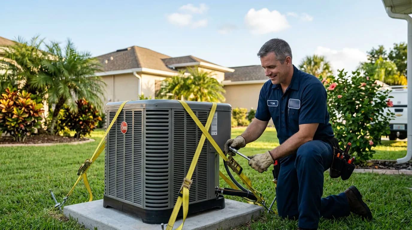 Pro Comfort AC technician inspecting an outdoor unit before hurricane season in Boca Raton