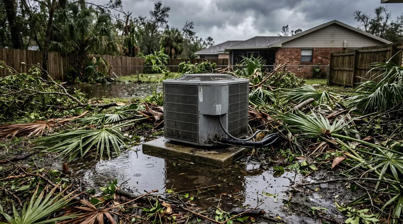 AC condenser surrounded by storm debris and standing water after a Boca Raton hurricane