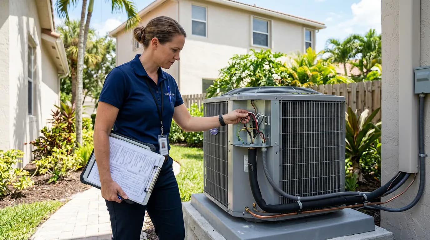 Building inspector reviewing a permitted AC installation at a Boca Raton home
