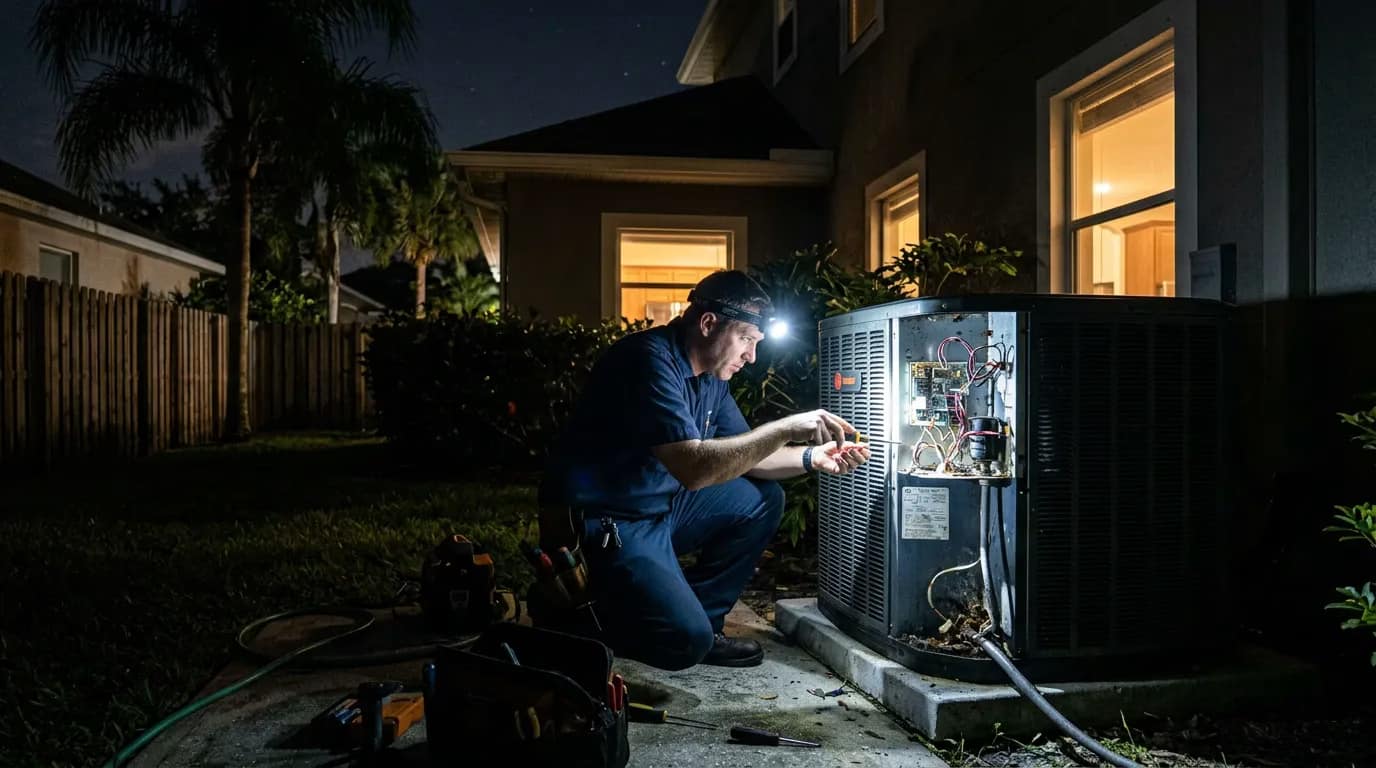 Homeowner checking a full condensate drain pan and float switch on an indoor air handler