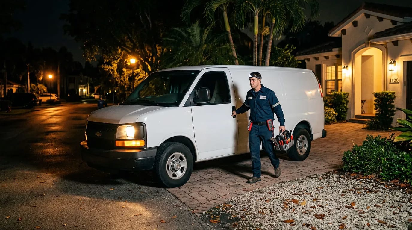 Pro Comfort AC service van responding to a 24/7 emergency call in Boca Raton at night