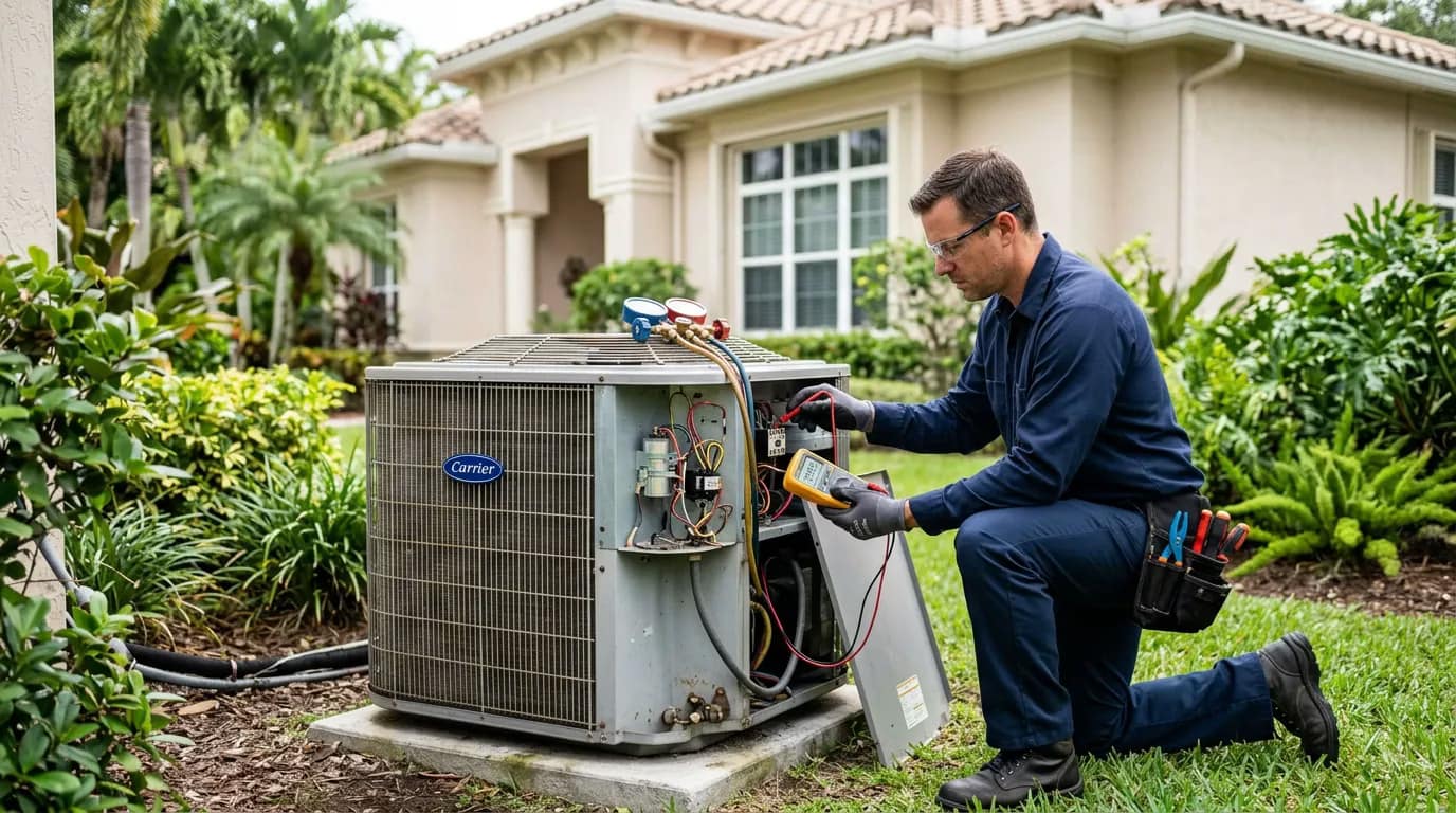 Pro Comfort AC technician performing a seasonal AC tune-up at a Boca Raton home