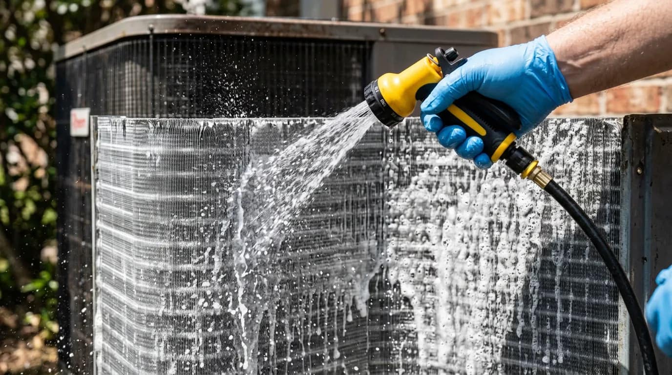 Technician rinsing and cleaning an AC condenser coil during a Boca Raton tune-up