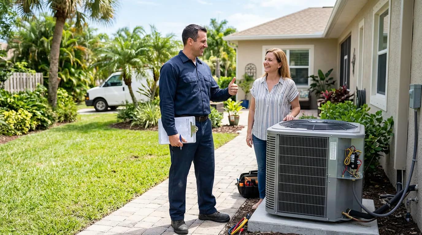 Pro Comfort AC technician completing a maintenance checklist at a Boca Raton home