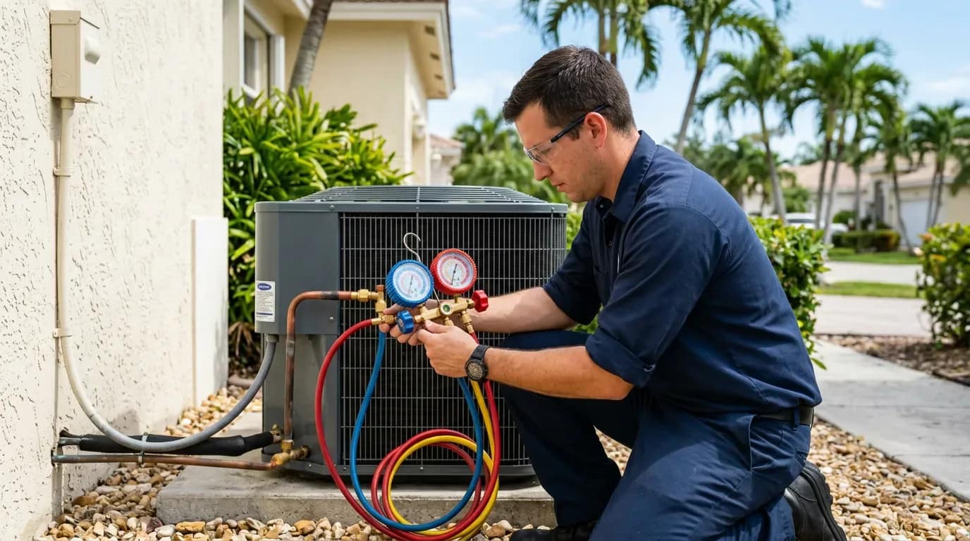 HVAC technician checking refrigerant pressures with a manifold gauge set on a Boca Raton AC system