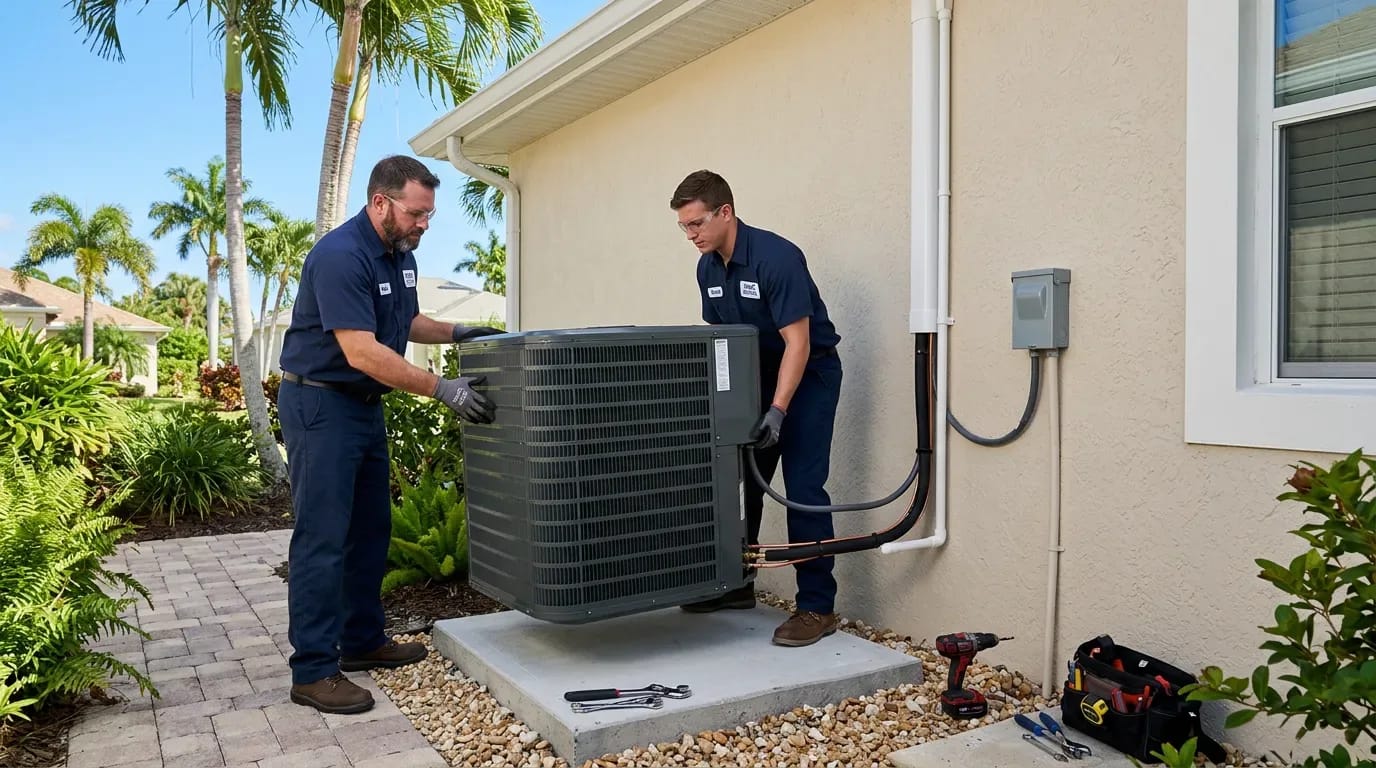 New low-GWP R-454B condenser being installed at a Boca Raton home in 2026