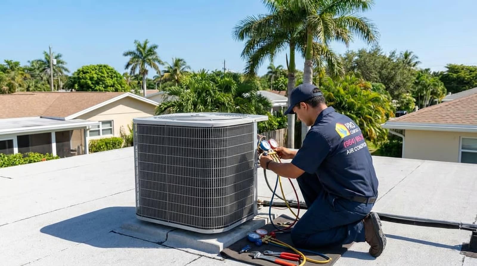 Pro Comfort AC technician inspecting an outdoor AC condenser at a Boca Raton home